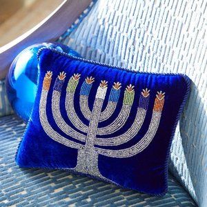 SUDHA PENNATHUR 10" Hanukkah Blue Ash Pillow with Beaded Menorah